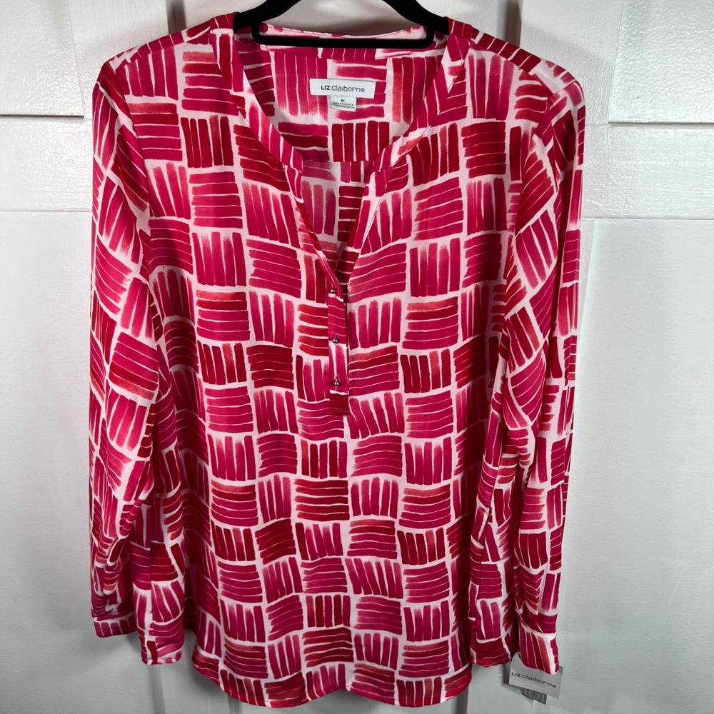 Liz Claiborne Womens XL Pink Red Geometric Blouse Long Sleeve Split Neck Top